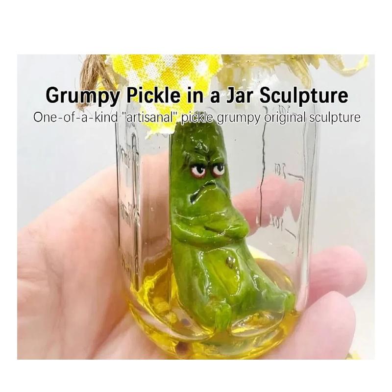 Grumpy Pickle in A Jar Sculpture, Handcrafted Artisan Pickle, Emotional Support Jar, Funny Mini Glass Pickle Jar Cucumbers Ornament,Pickle in a Jar Sculpture Gift for Pickle Lovers Decor Palm