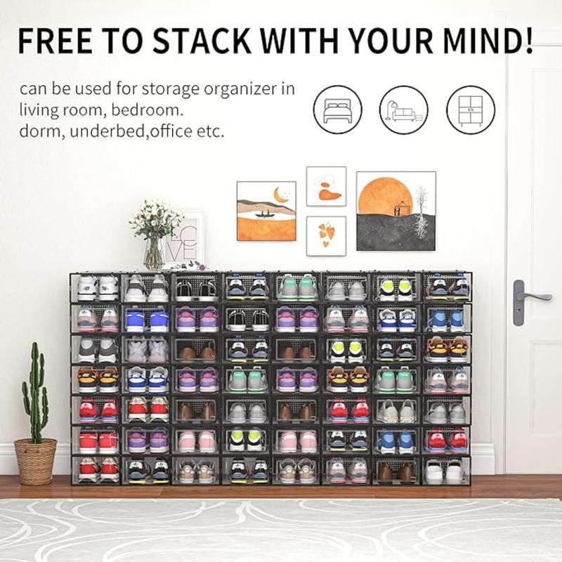 12 Pack Shoe Storage Bins, Clear Plastic Stackable Shoe Organizer for Closet, Space Saving Foldable Shoe Rack, Shoe Box Sneaker Holder Container, Black Frame Laundry Lightweight Room outdoorstoragestation