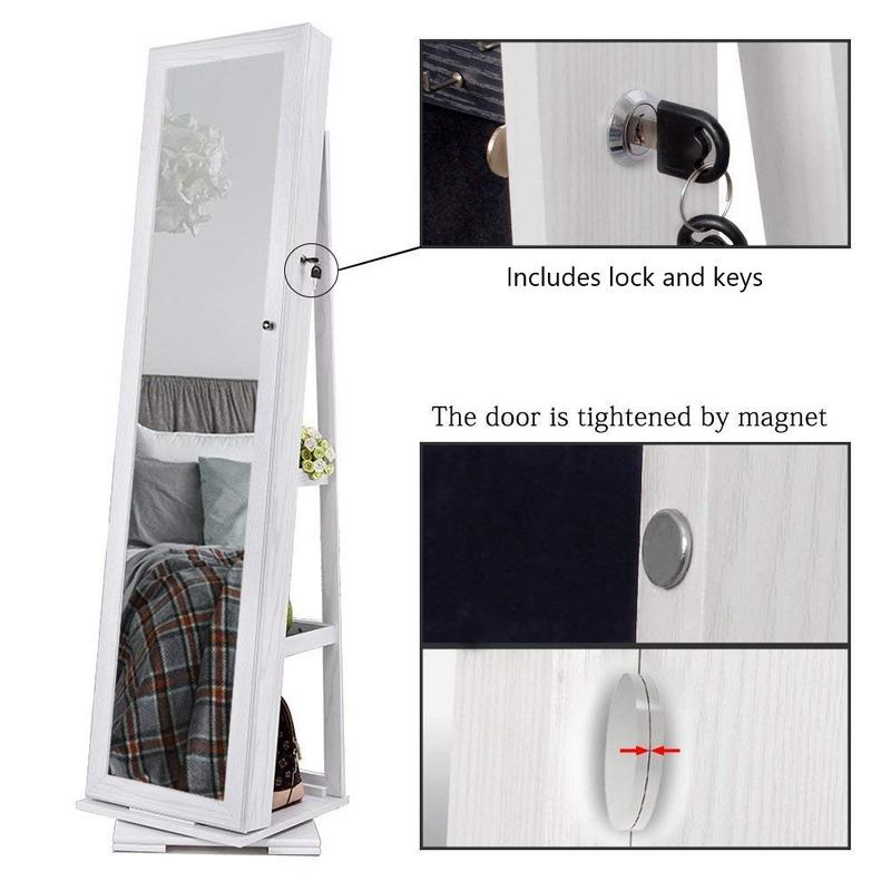 360 Degree Rotatable Jewelry Armoire with Free-Standing Mirror, White Decor Door Decor Door