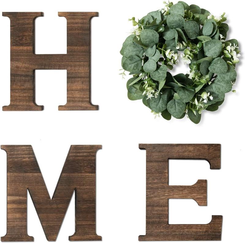 Wooden Home Sign with Artificial Eucalyptus Wreath for O, 9.8'' Letters for Wall Hanging Rustic Letters Decor for Living Room, Entry Way, Kitchen, Etc (Brown)