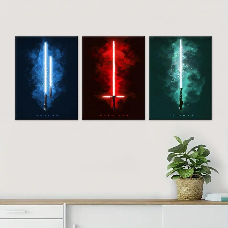 Light Saber Pattern Canvas Painting with Frame, 3 Counts Modern Wall Art Poster, Canvas Art Wall Art Decor for Home Living Room Bedroom Office, Wall Art Painting Room Decor, Christmas 2024 Ornament, Christmas Gift Ideas, Stocking Stuffers