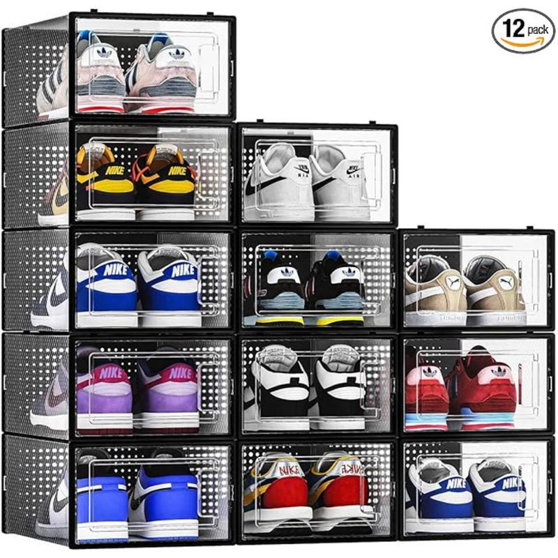 12 Pack Shoe Storage Bins, Clear Plastic Stackable Shoe Organizer for Closet, Space Saving Foldable Shoe Rack, Shoe Box Sneaker Holder Container, Black Frame Laundry Lightweight Room outdoorstoragestation