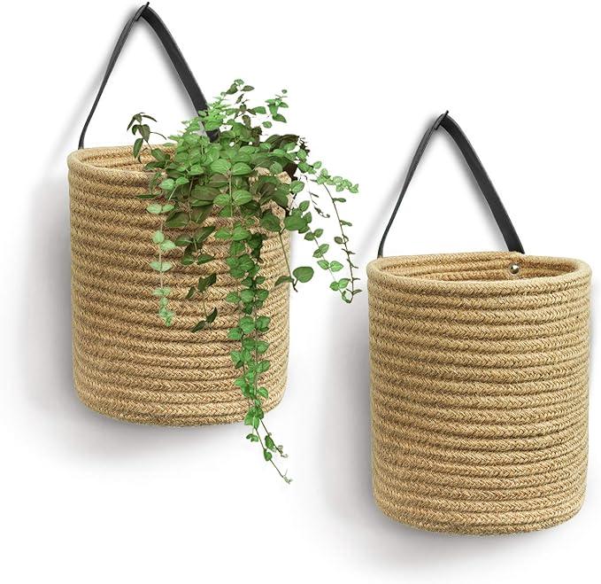 Goodpick 2 pack Jute Hanging Basket - Small Woven Fern Hanging Rope Basket Flower Plants Wall Basket Decor Set Boho, Handmade Storage Baskets of Natural Material 7.87 x 7 x 11.7 inches