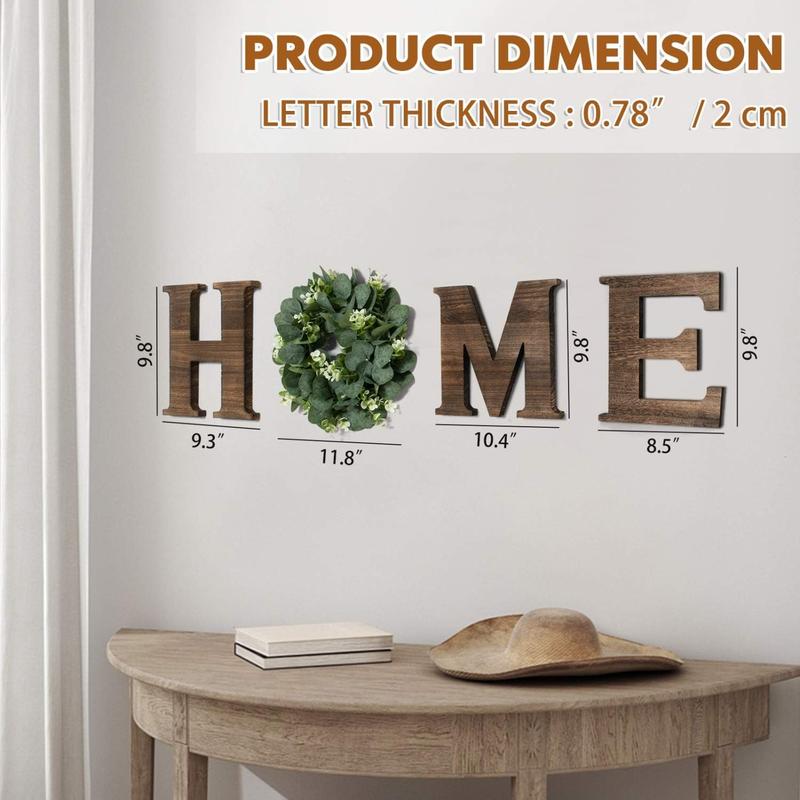 Wooden Home Sign with Artificial Eucalyptus Wreath for O, 9.8'' Letters for Wall Hanging Rustic Letters Decor for Living Room, Entry Way, Kitchen, Etc (Brown)