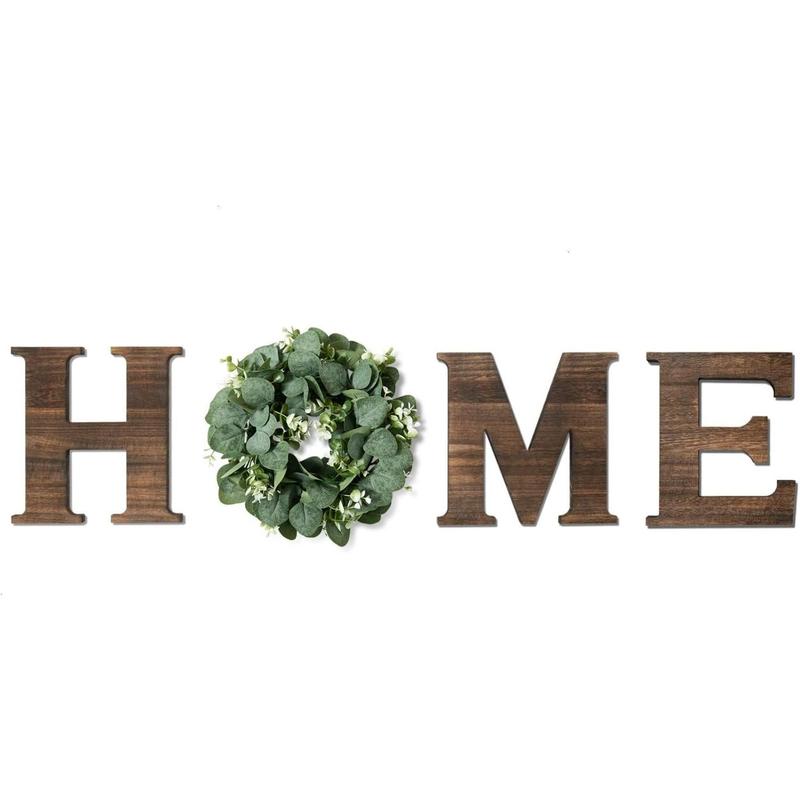 Wooden Home Sign with Artificial Eucalyptus Wreath for O, 9.8'' Letters for Wall Hanging Rustic Letters Decor for Living Room, Entry Way, Kitchen, Etc (Brown)