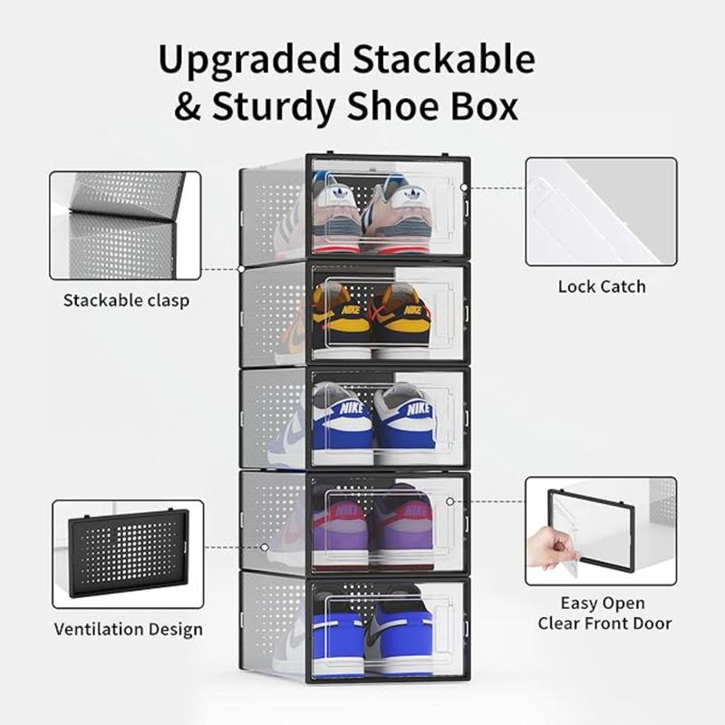 12 Pack Shoe Storage Bins, Clear Plastic Stackable Shoe Organizer for Closet, Space Saving Foldable Shoe Rack, Shoe Box Sneaker Holder Container, Black Frame Laundry Lightweight Room outdoorstoragestation