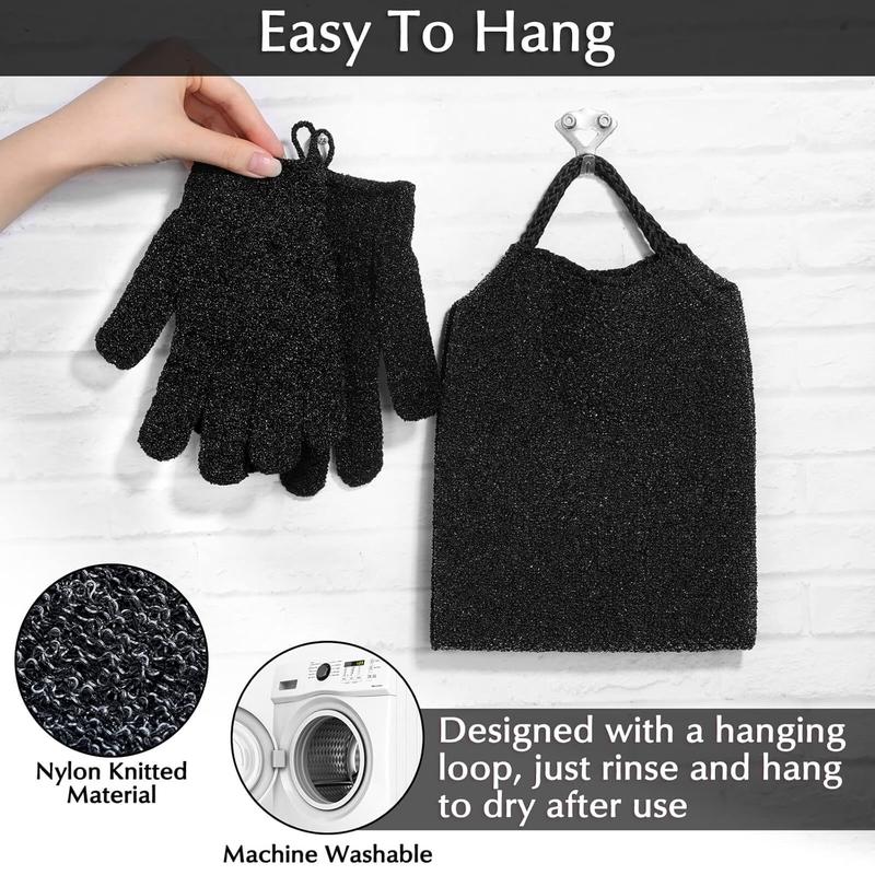 Exfoliating Back Scrubber Bath Gloves Set, Exfoliating Shower Towel with Shower Gloves for Body Scrub, Back Cleaner Wash Gloves to Remove Dead Skin (Black)