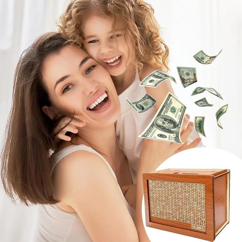 Wooden Money Box Money Bank, Countdown Money Saving Box with 10000 Dollars Target, Money Box with Money Target and Numbers to Check for Boys Girls (10000 USD)   Ornaments Decor Piggy