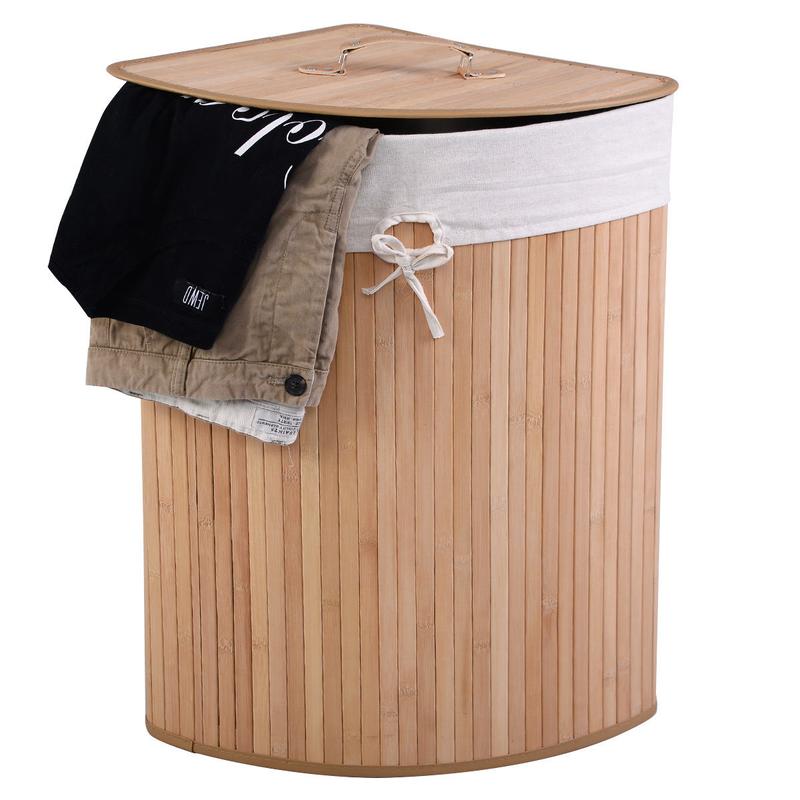 FestivalJoy-Corner Bamboo Hamper Laundry Basket Cotton Organiser