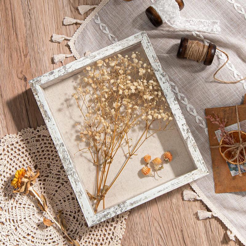 8x10 Shadow Box Frame with Linen Back - Real Glass, Push Pins Included, Sturdy Rustic Memory Display Case, Distressed White