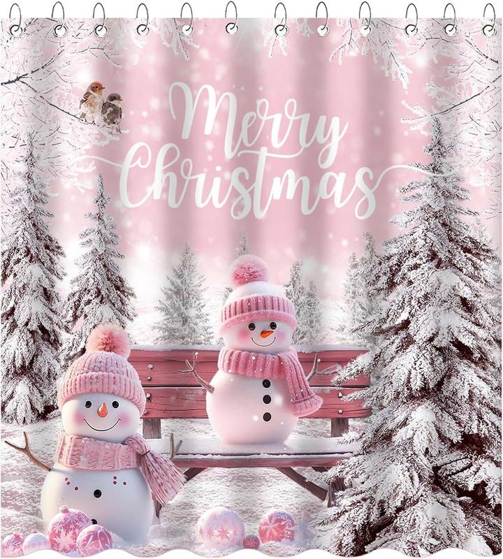 Merry Christmas Shower Curtain - Pink Snowman, 12 Hooks, Winter Snowflake Bathroom Decor, Waterproof Fabric (72x72 Inch)