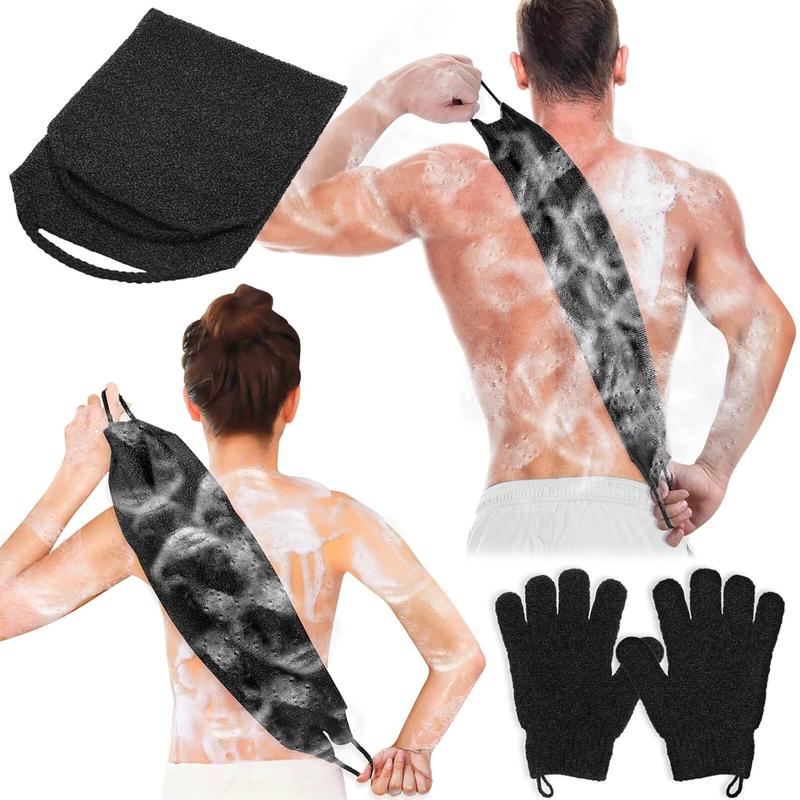 Exfoliating Back Scrubber Bath Gloves Set, Exfoliating Shower Towel with Shower Gloves for Body Scrub, Back Cleaner Wash Gloves to Remove Dead Skin (Black)