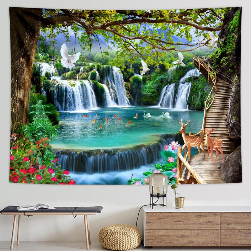 Waterfall & Forest Pattern Tapestry, 1 Count Decorative Natural Landscape Pattern Wall Hanging Tapestry, Wall Art Decor for Home Living Room Bedroom