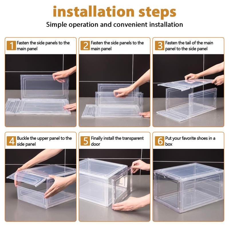 Anyask Drop Front Plastic Shoe Box with Clear Door Set of 2 Stackable For Display Sneakers Easy Assembly Fit up to US Size 12(13.4”x 10.6”x 7.4”)