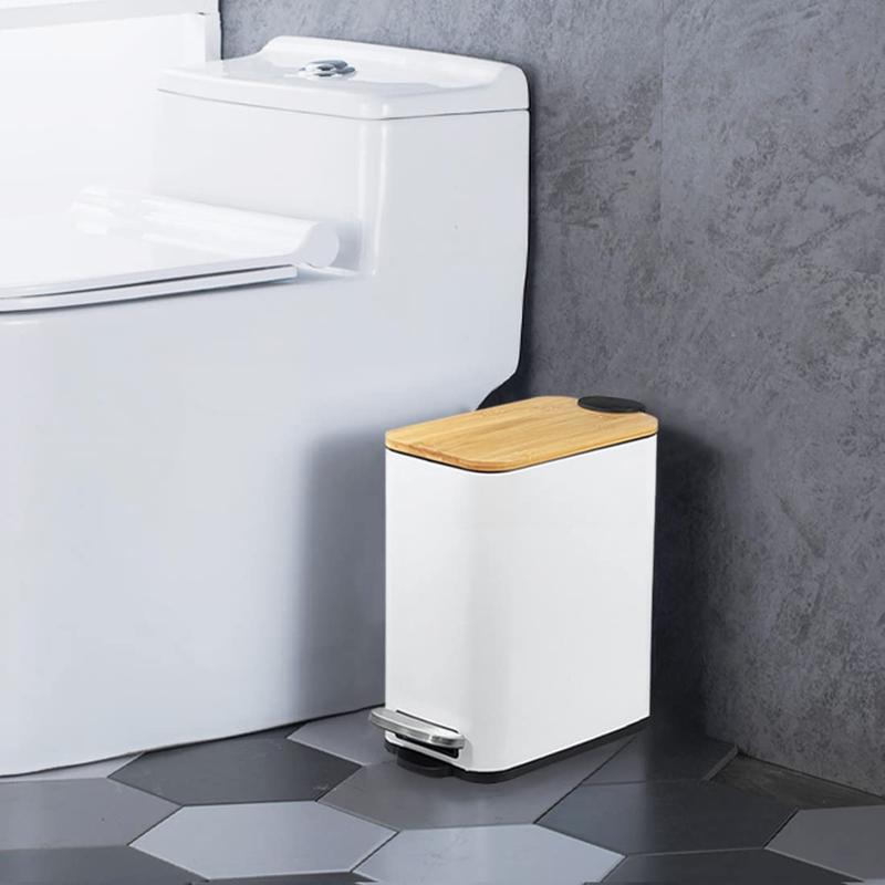 Bathroom Trash Can with Bamboo Lid Soft Close and Foot Pedal, Slim Garbage Can with Inner Wastebasket for Bedroom 1.3Gal 5L