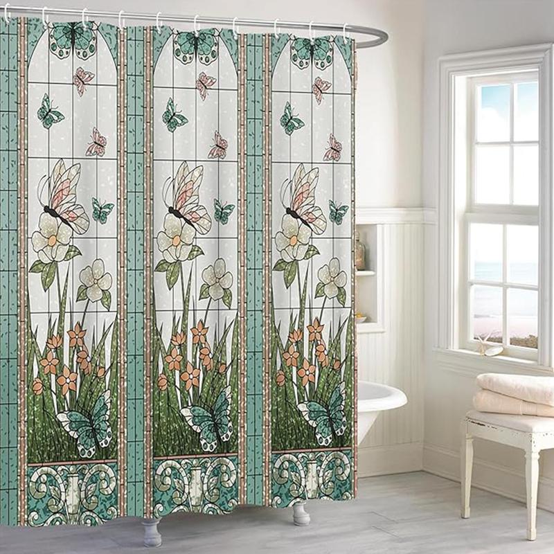 Butterfly & Floral Print Shower Curtain, 1 Count Modern Waterproof Shower Curtain with 12pcs Hooks, Bathroom Decor Accessories