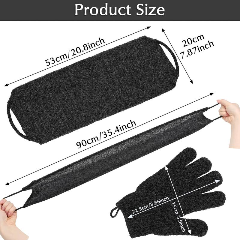 Exfoliating Back Scrubber Bath Gloves Set, Exfoliating Shower Towel with Shower Gloves for Body Scrub, Back Cleaner Wash Gloves to Remove Dead Skin (Black)