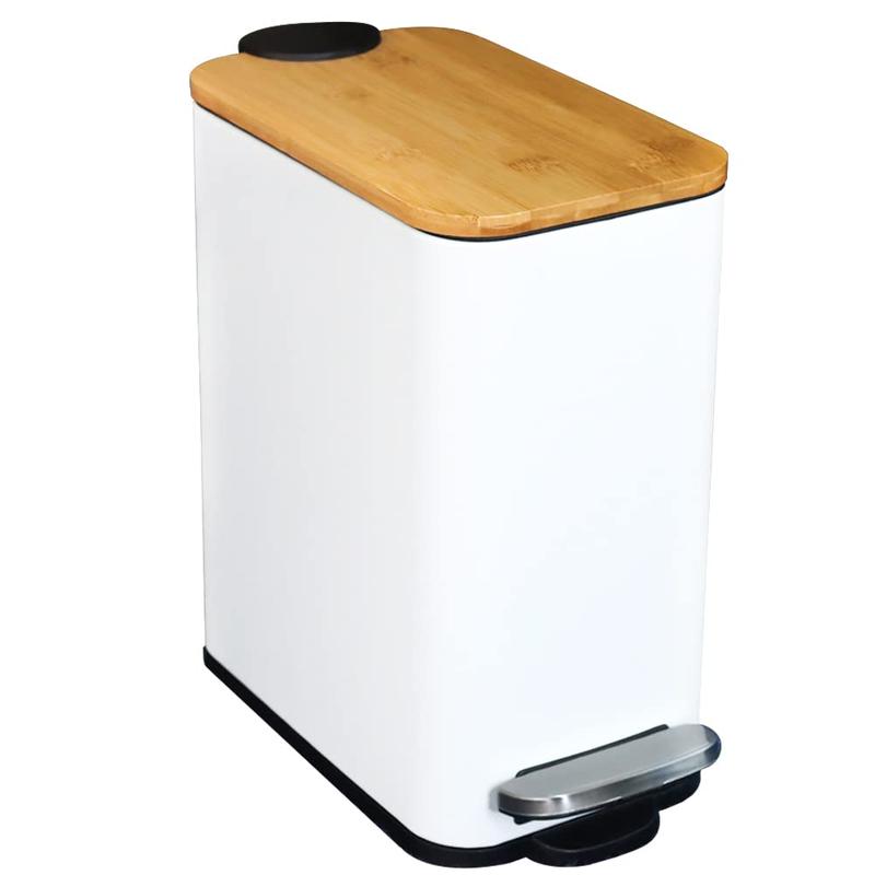 Bathroom Trash Can with Bamboo Lid Soft Close and Foot Pedal, Slim Garbage Can with Inner Wastebasket for Bedroom 1.3Gal 5L