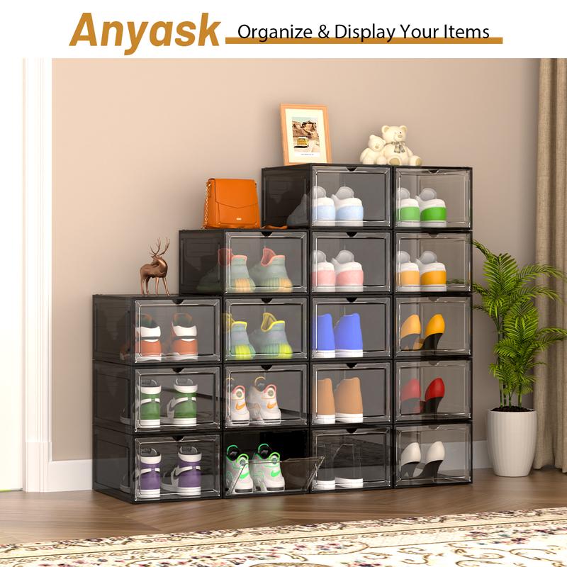 Anyask Drop Front Plastic Shoe Box with Clear Door Set of 2 Stackable For Display Sneakers Easy Assembly Fit up to US Size 12(13.4”x 10.6”x 7.4”)