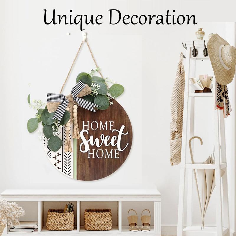 3D Welcome Front Door Wreath Porch Decor, Wooden Home Sweet Home Boho Outdoor Sign Hanging, Farmhouse Aztec Wall Sign Hanger with Artificial Leaves&Rustic Beads