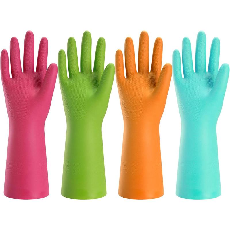 Rubber Cleaning Gloves for Kitchen - 4 Pairs Reusable Dishwashing Gloves for Household, Flexible Long-lasting & Waterproof ( Blue+Green+Red+Orange)