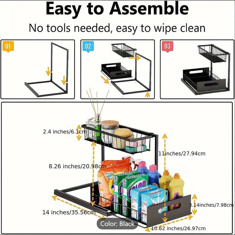 Under Sink Storage Rack, 2 Counts Sliding Pull Out Storage Rack, Under Sink Storage Organizer for Kitchen Bathroom Home