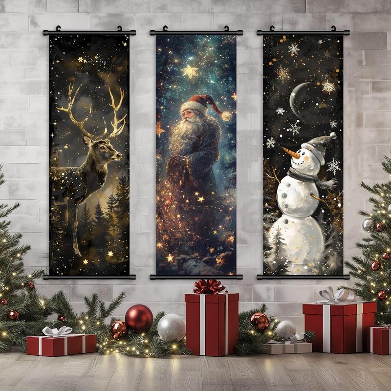 Christmas Themed Wall Banner, 3 Counts set Santa Claus & Reindeer & Snowman Pattern Wall Decor, Wall Art for Home Living Room Bedroom Office