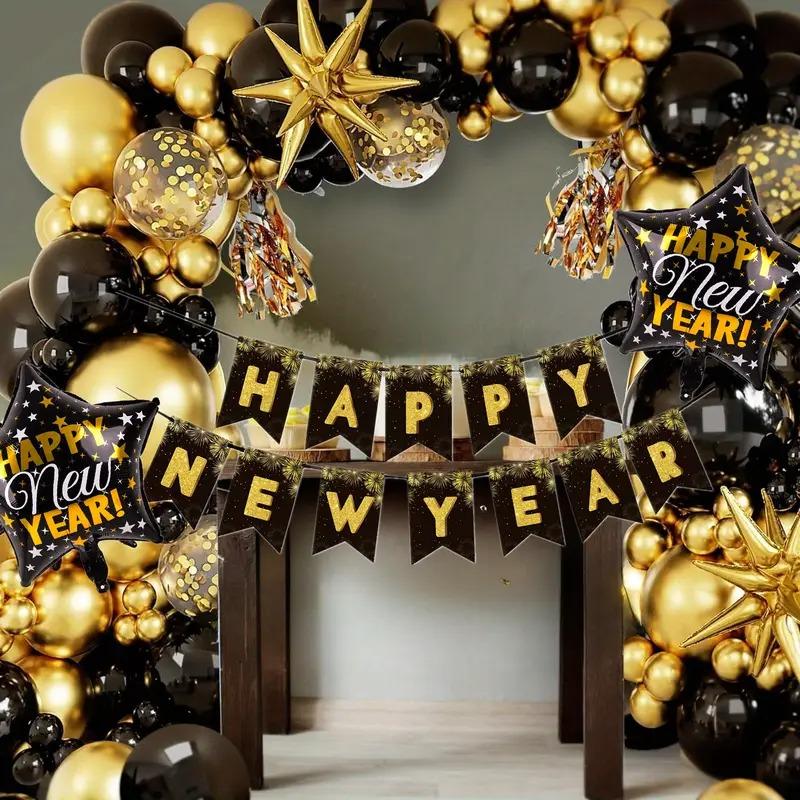 Happy New Year 2025 Banner, Black and Gold ,Hanging Bunting for New Year's Eve Party Supplier Decorations -  Holiday Decorations Hand Light Backdrop