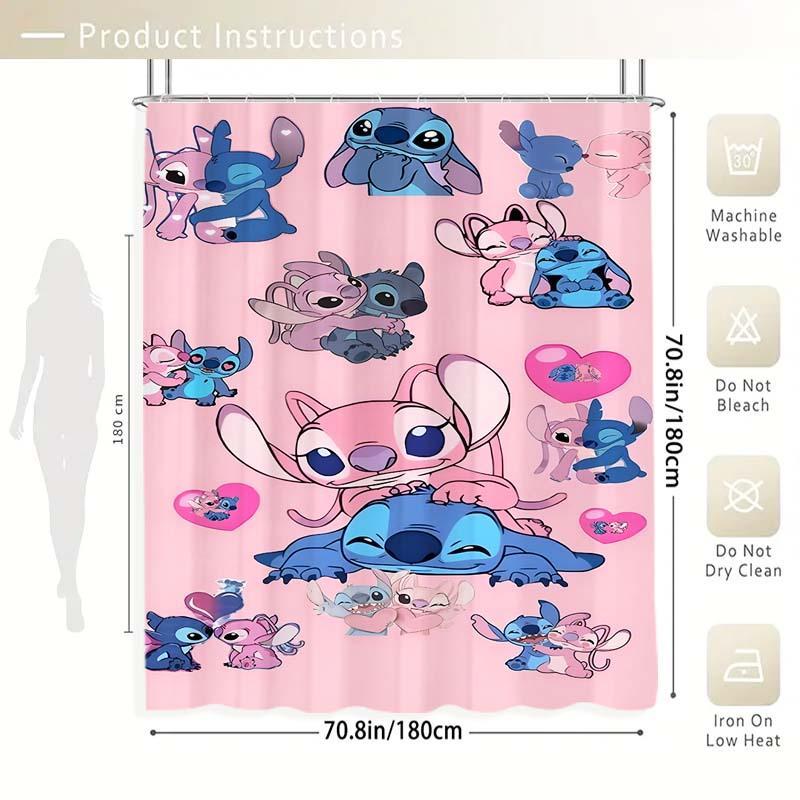 Cartoon Stitch Pattern Shower Curtain, 1 Count Waterproof Bathroom Curtain with Hooks, Bathroom Decor Supplies for Home Hotel Salon Dormitory