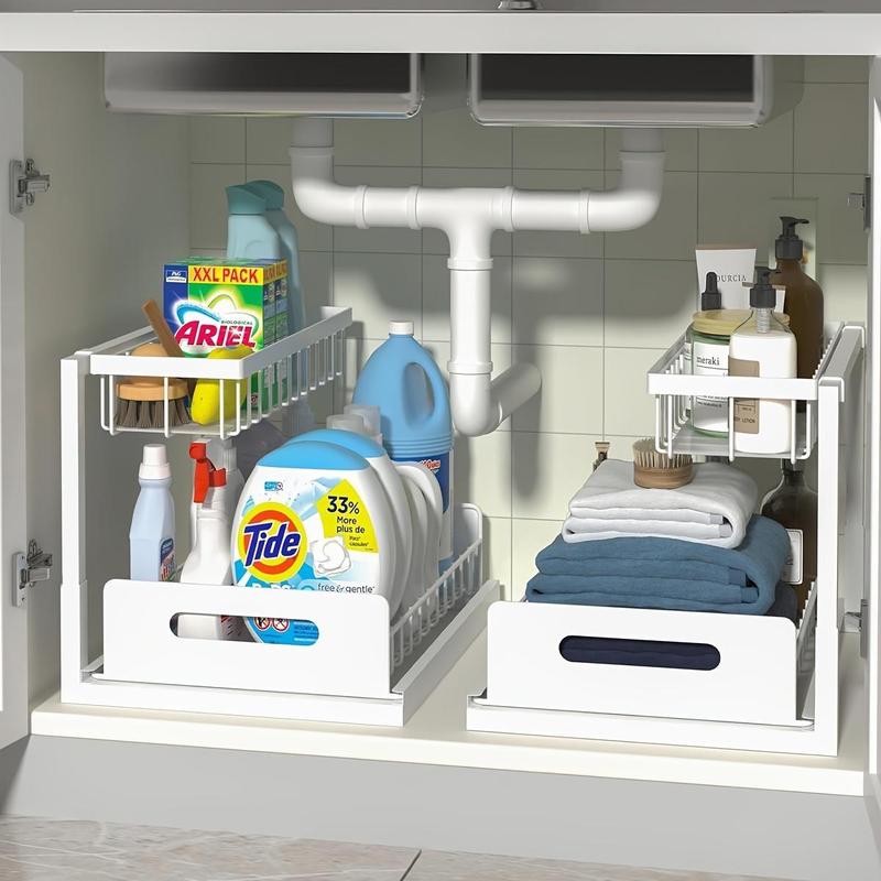 Under Sink Storage Rack, 2 Counts Sliding Pull Out Storage Rack, Under Sink Storage Organizer for Kitchen Bathroom Home