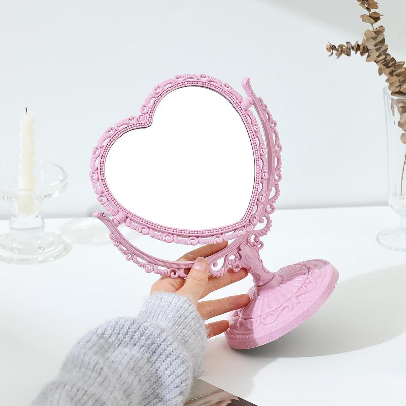 7 Inch Pink Vintage Heart Shaped Mirror, Elegant Double Sided 360 Degree Rotating Vanity Mirror for Room Decoration.