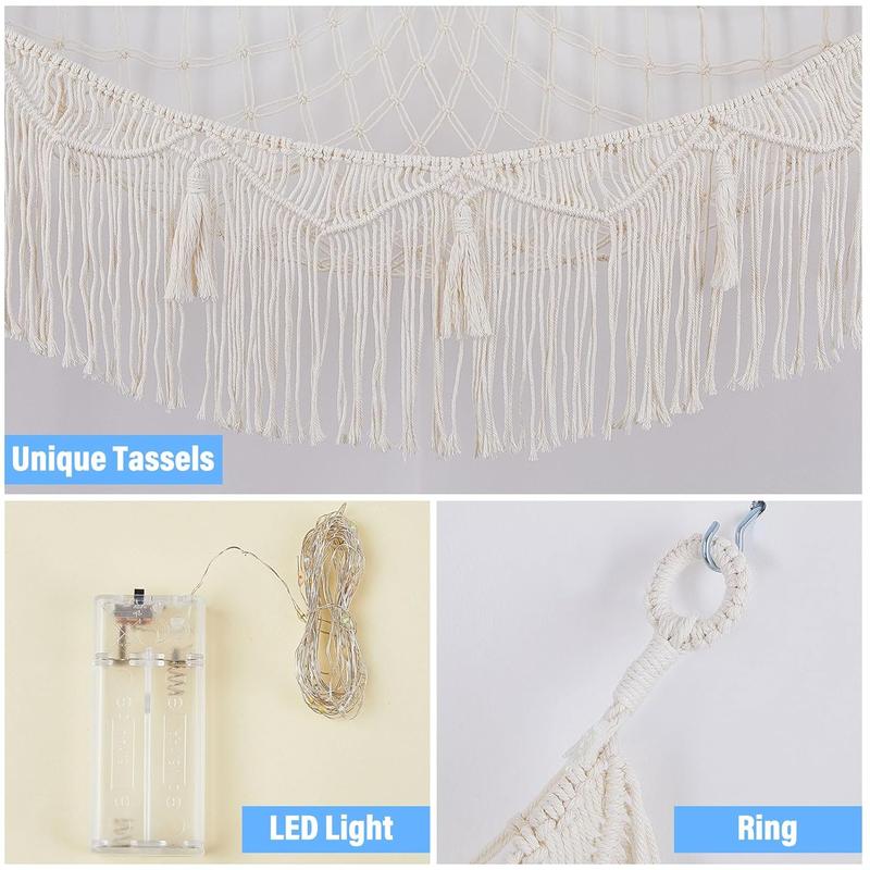 Stuffed  Hammock with LED Light Corner Hanging Net for Stuffed  Storage Girls Room Decor Stuff  Organizer Holder with Tassels  Hammock Storage, White