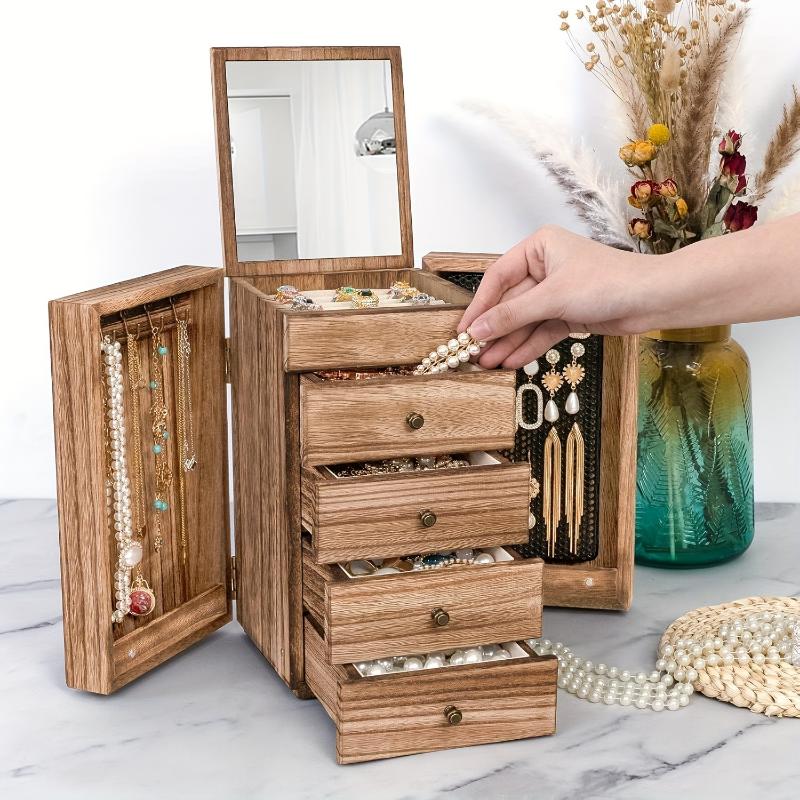 Charming Rustic 5-Layer Wooden Jewelry Organizer with Mirror - Perfect for Necklaces, Earrings, Rings & Bracelets, Utility Hooks