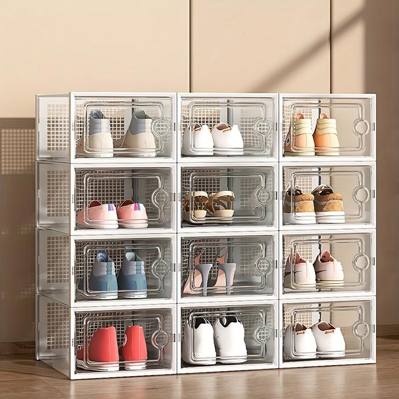 6 12pcs Thickened Transparent Shoe Boxes With Lid, Foldable Stackable Shoe Rack, Free Combination, Plastic Sneaker Container, Space Saving Storage Organizer For Entryway, Bedroom, Home, Dorm, Etc