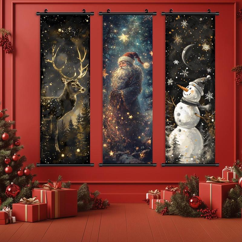 Christmas Themed Wall Banner, 3 Counts set Santa Claus & Reindeer & Snowman Pattern Wall Decor, Wall Art for Home Living Room Bedroom Office