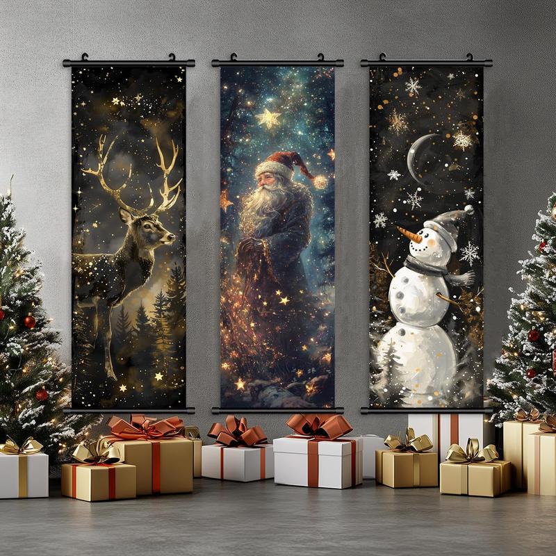 Christmas Themed Wall Banner, 3 Counts set Santa Claus & Reindeer & Snowman Pattern Wall Decor, Wall Art for Home Living Room Bedroom Office