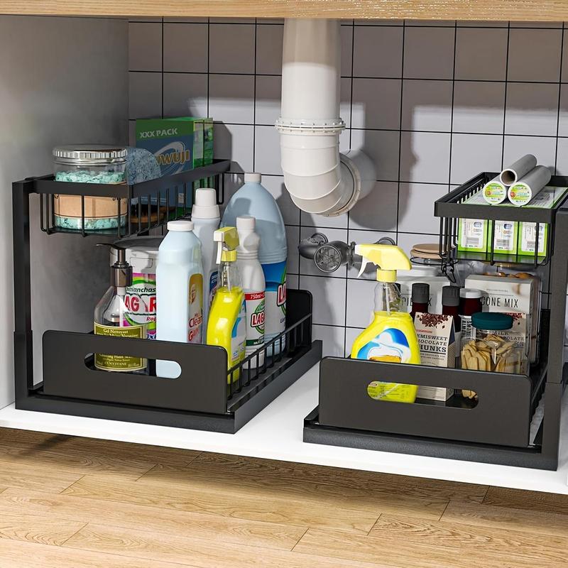 Under Sink Storage Rack, 2 Counts Sliding Pull Out Storage Rack, Under Sink Storage Organizer for Kitchen Bathroom Home