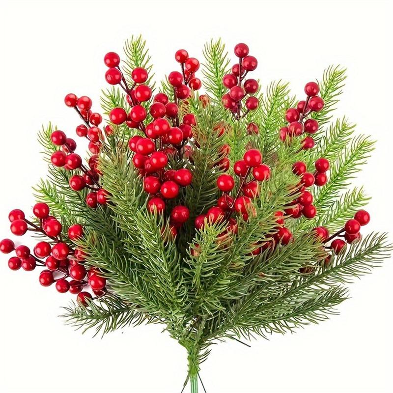 Artificial Red Berry Pine Branches, 10pcs set Including 5 Counts Berry & 5 Counts Plant, Artificial Berry Pine Branches, Festive Decorations