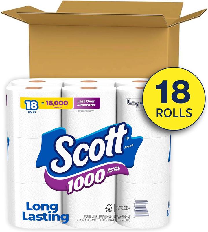 1000 Toilet Paper, 18 Rolls, Septic-Safe, 1-Ply Toilet Tissue - Wipes