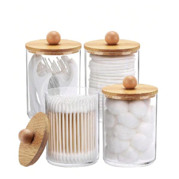 4pcs Accessories With Bamboo Cover Dispensor Holder For Swab, Round Pad, Dental Flosser, Etc. - 10oz Clear Plastic Dispensing Jars Packaging Set For Bathroom Kitchen Vanity Storage Organizer Bottles Dispenser