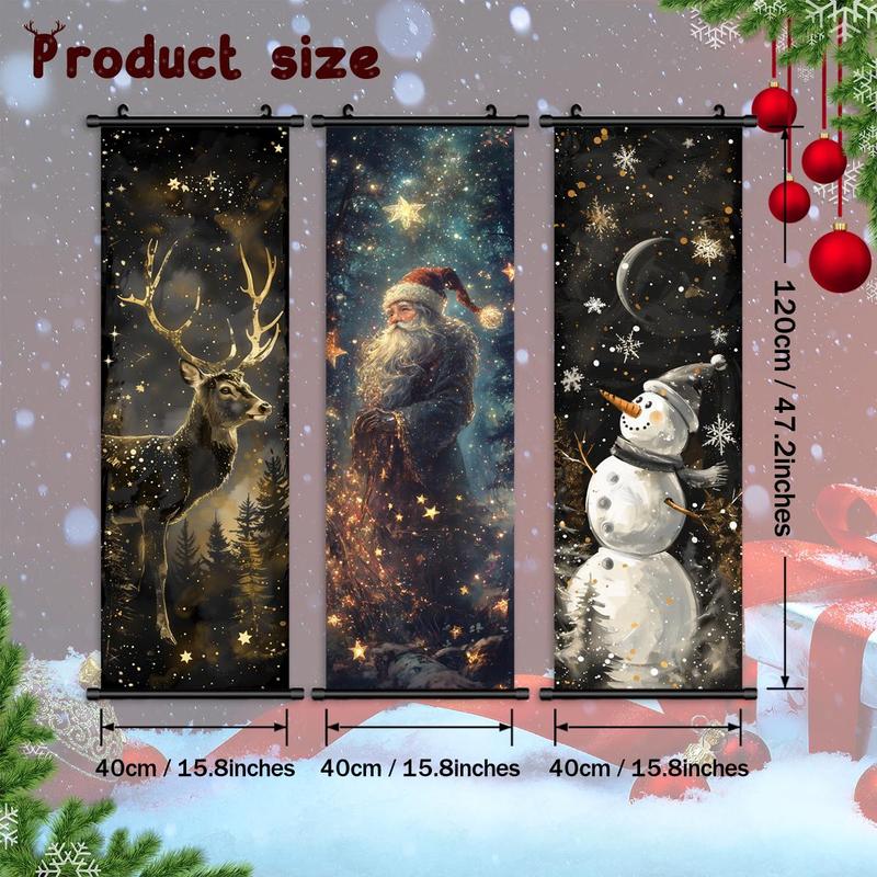 Christmas Themed Wall Banner, 3 Counts set Santa Claus & Reindeer & Snowman Pattern Wall Decor, Wall Art for Home Living Room Bedroom Office