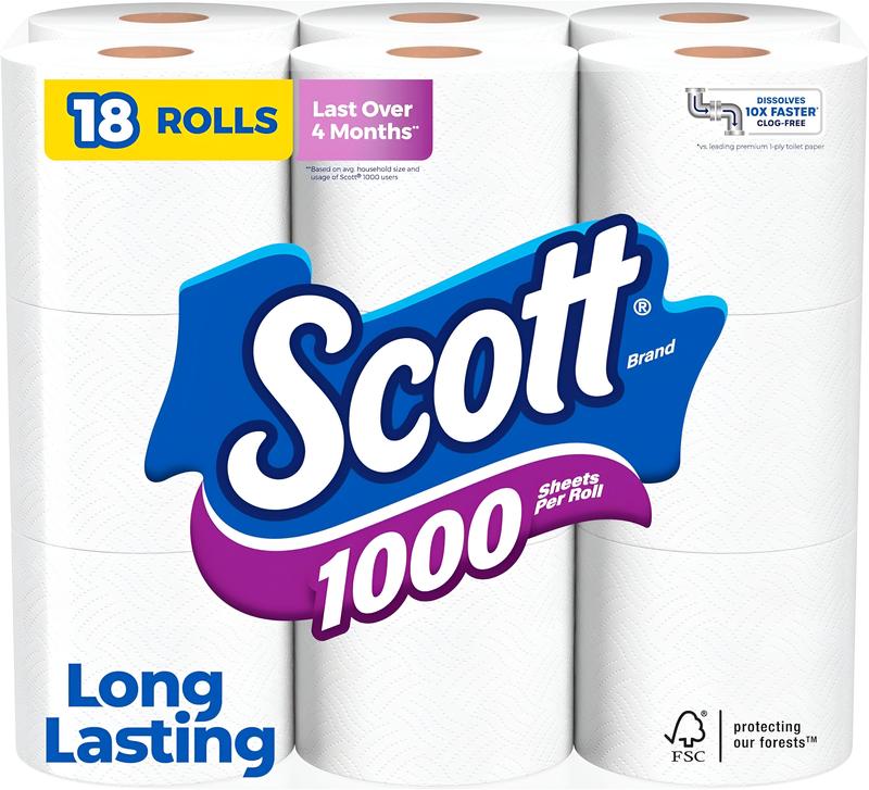 1000 Toilet Paper, 18 Rolls, Septic-Safe, 1-Ply Toilet Tissue - Wipes