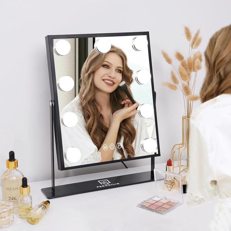 Hollywood Mirror with Light Lighted Makeup Mirror Vanity Makeup Mirror Smart Touch Control 3 Colors Dimable Light Detachable 10X Magnification 360°Rotation(Black)