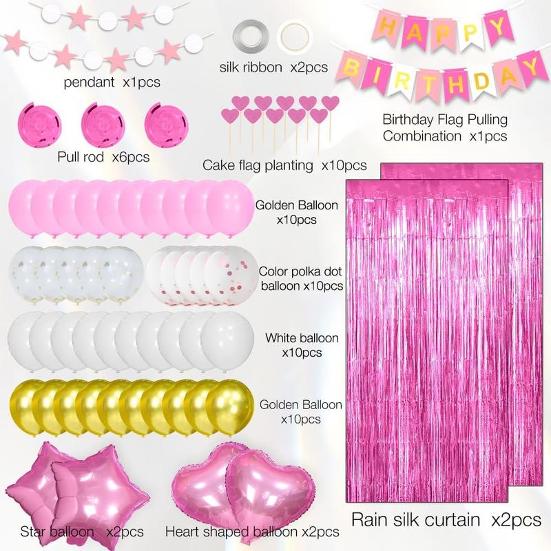 Happy Birthday Decoration Set,Pink Party Decorations for Girls,Happy Birthday Banner,Fringe Curtain,Happy Birthday Foil Confetti Balloons,Hanging Swirls Party Decorations,Cupcake Toppers