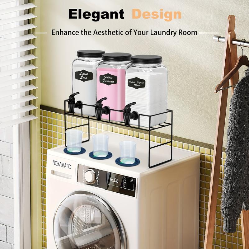 3PCS Glass Laundry Detergent Dispensers with Iron Rack, Leak-Proof Pads & Water Spout - Includes 3 Blackboard Labels, Mini Spanner - Perfect for Laundry Room Organization & Ideal for Liquid Detergent, Bleach, Fabric Softener