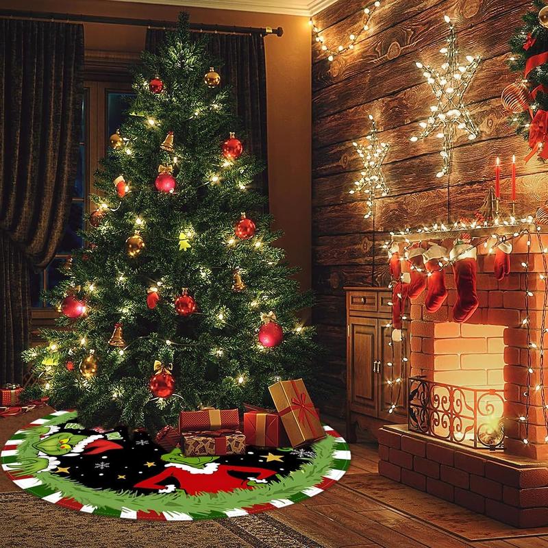 Christmas Tree Skirt, 48 Inch Red & Green Merry Christmas Tree Skirt Collar, Soft Farmhouse Xmas Holiday Decoration (Style A)