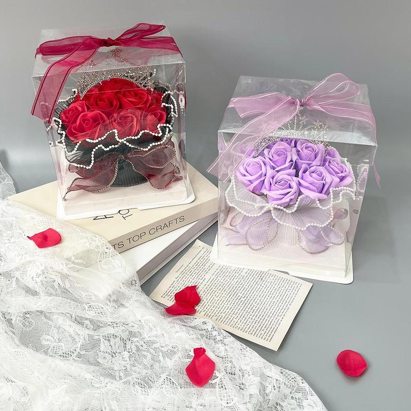 Artificial Rose with Crown Gift Box, 1 Count Romantic Faux Rose Flower Gift Box, Decorative Flower for Home Party Wedding Anniversary Festival