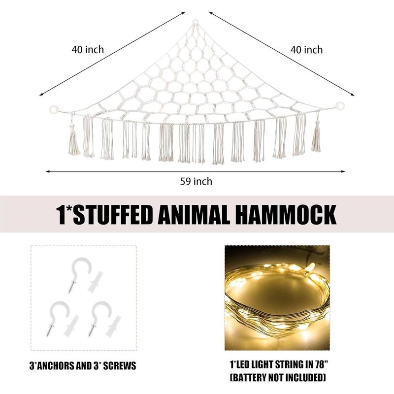 Hammock Corner with LED Light - Toy Storage Hammock Plushie Net Large - Cute Holder Hanging Organizer - Room Decor Cotton Decoration