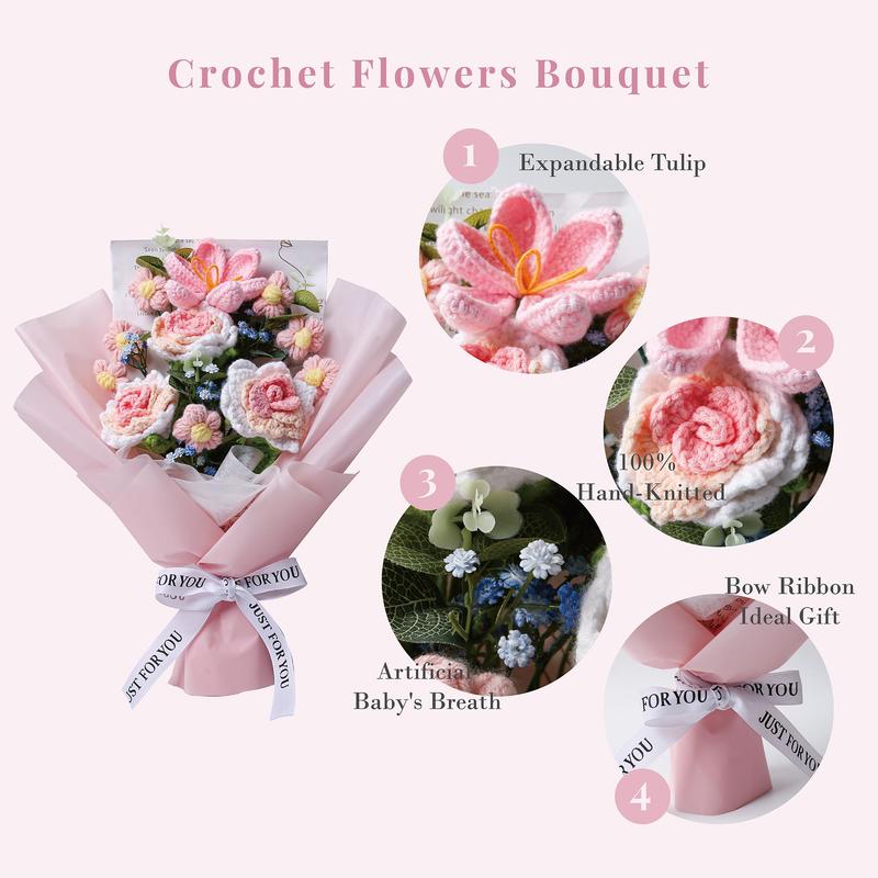 Handmade Crochet Flower Bouquet with Greeting Card & Gift Bag, 1 Bouquet Artificial Knitted Rose & Tulip, Warm Faux Flowers Bouquet for Home Decor