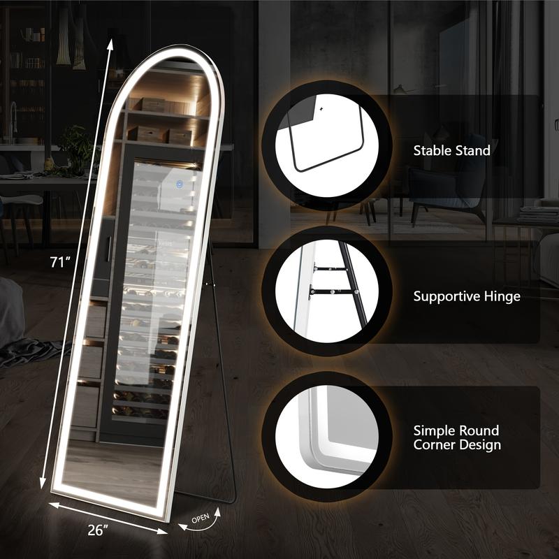 Arched Rectangular Full Body LED Lighted Mirror - 3 Sizes White Mirror With Dimming And 3 Color Lighting - Versatile As Floor Standing, Leaning, Or Wall Mounted Mirror